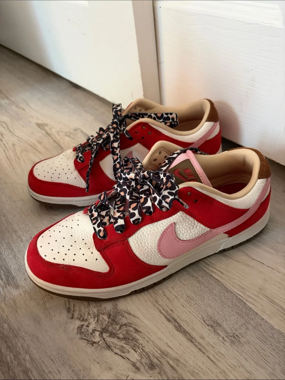 Nike Red, White and Pink Low-Top Sneakers with Leopard Laces